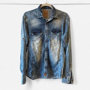 XCR Slim Fit Blue denim button-up Men's shirt Sz M with wooden buttons